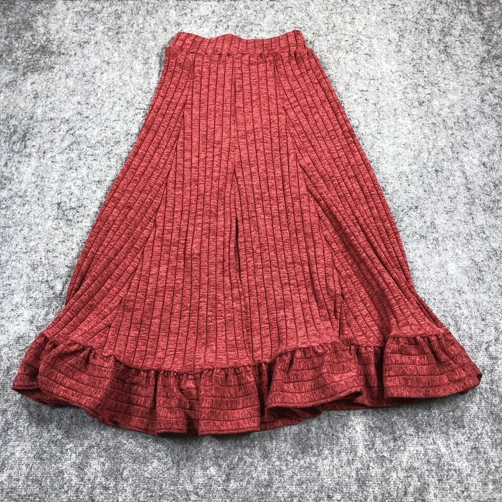 Anthropologie Skirt Womens XS Red Ribbed Knit Flare Ruffle Hem Midi Stretch Date